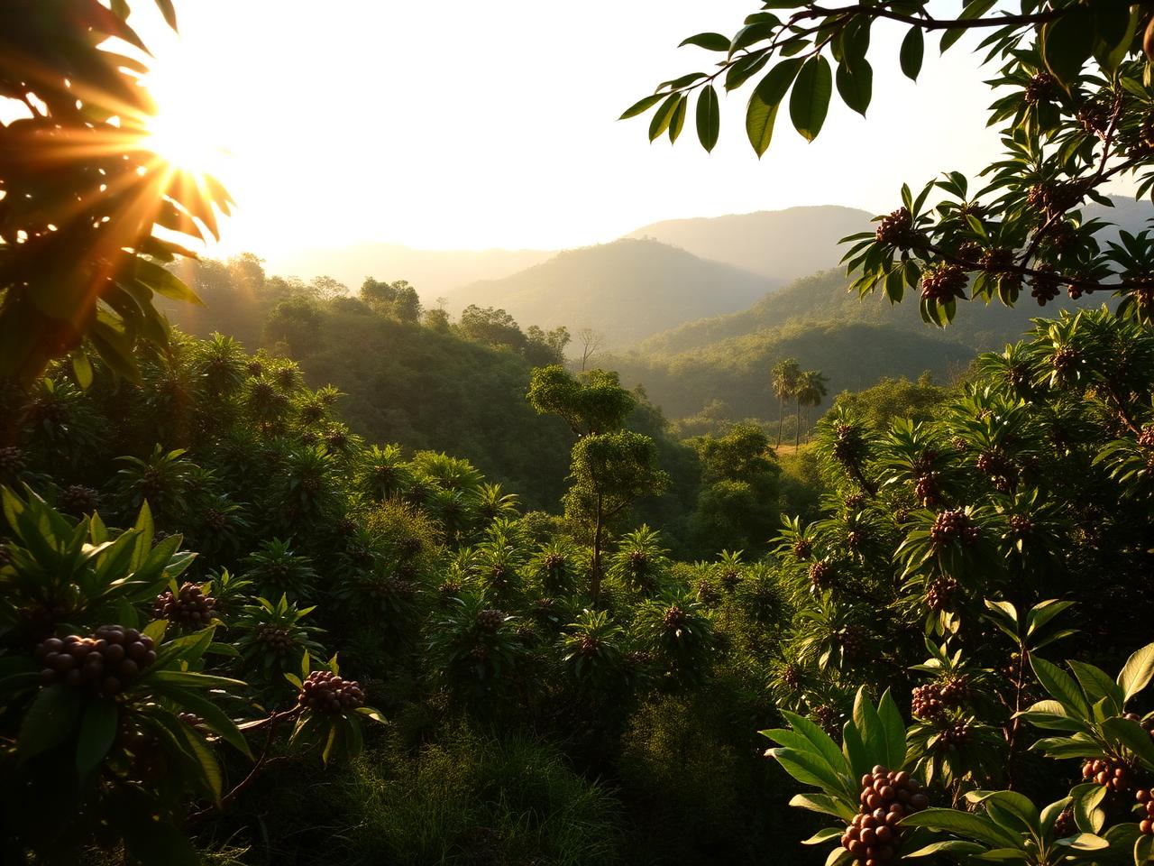 Coffee estate overlooking Wayanad hills at sunset
