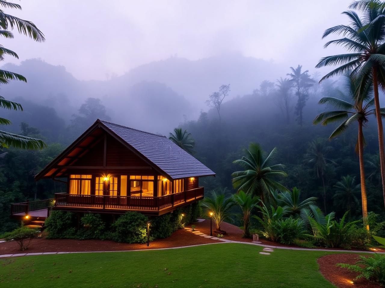 Wooden homestay lit at dusk in Wayanad forest