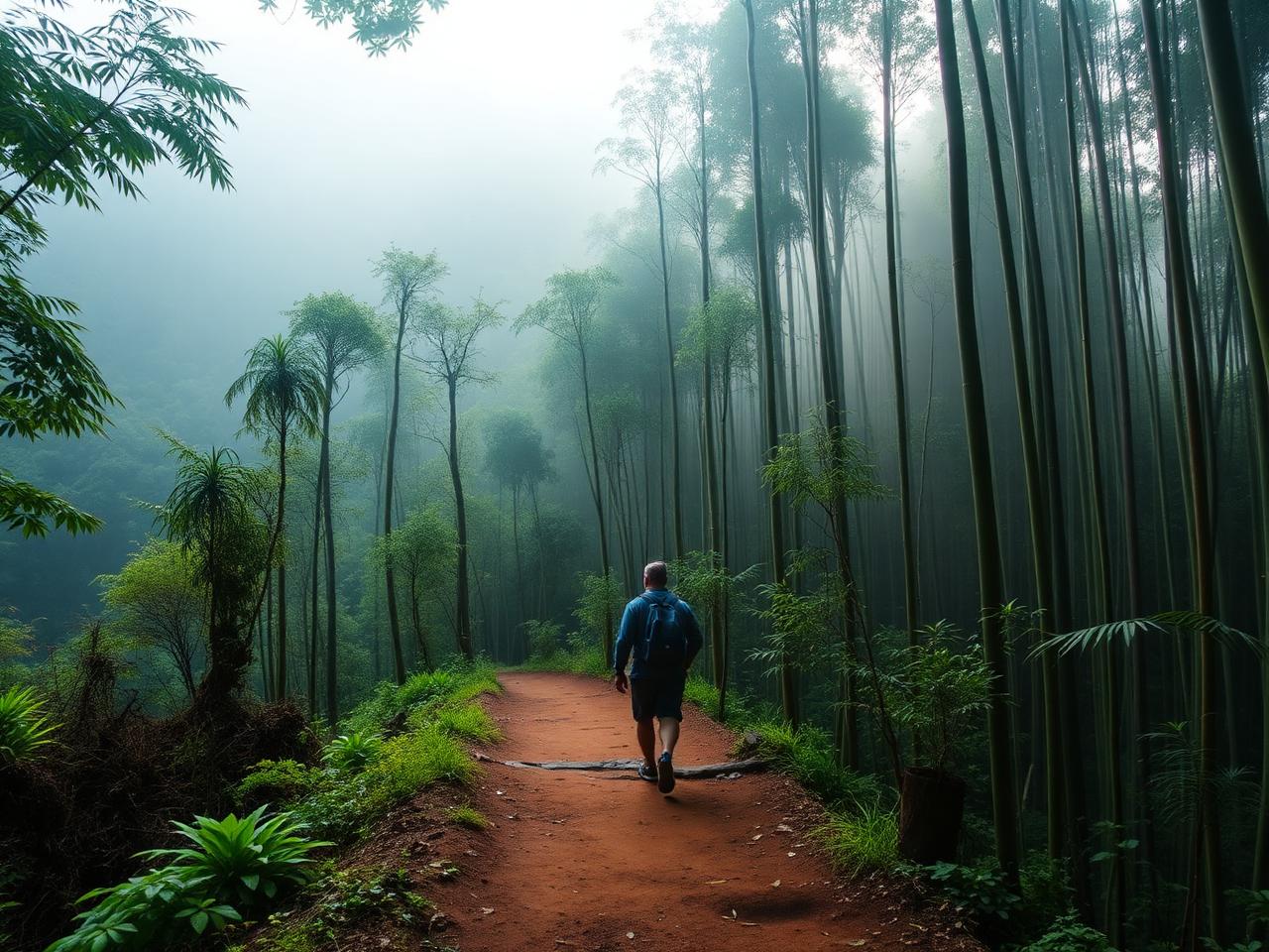 Traveller walking through a misty bamboo trail in Wayanad